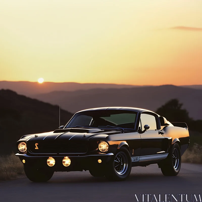 Vintage Black Muscle Car at Dusk AI Image