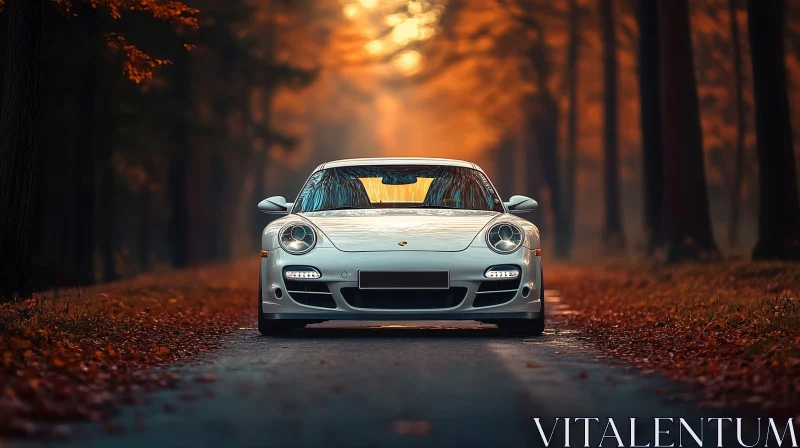 White Car Amidst Autumn Trees AI Image