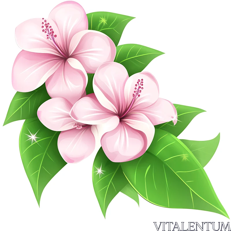 Pink Hibiscus Botanical Illustration AI Image