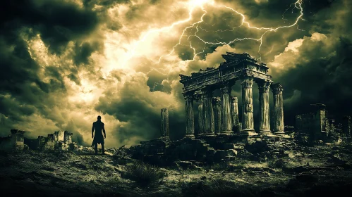 Mystical Encounter with Ancient Ruins in a Stormy Landscape