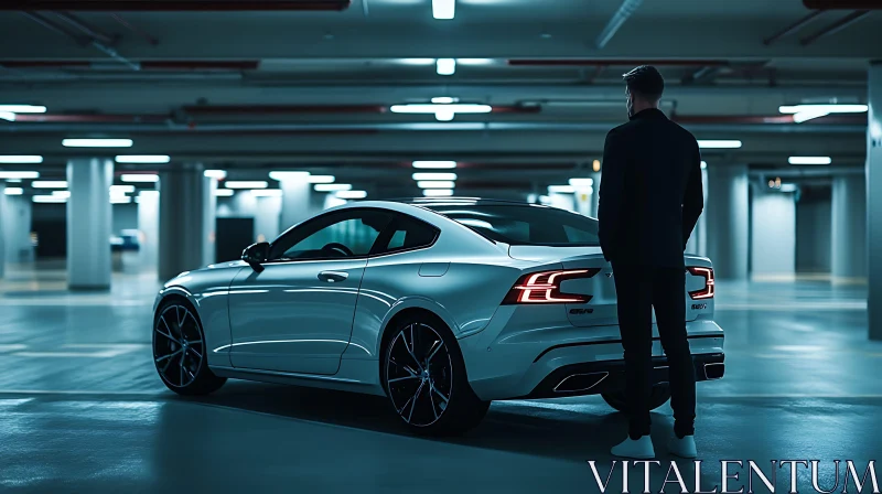 Sports Car with Man in Parking Garage AI Image