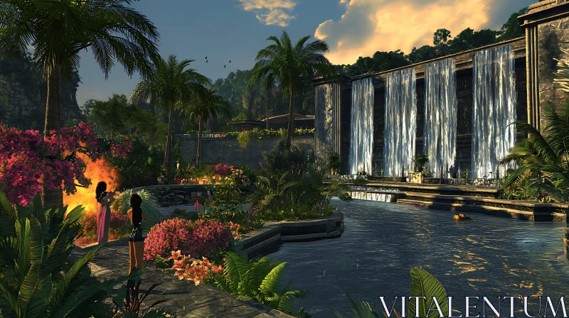 Tropical Oasis with Cascading Waterfalls AI Image