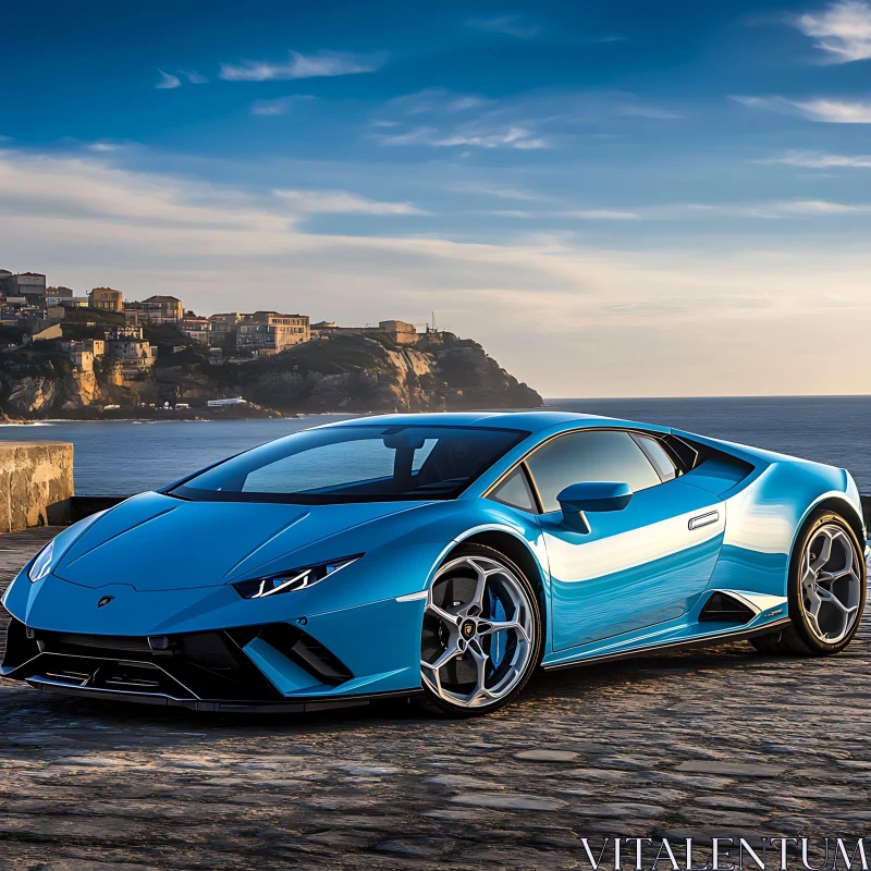 Luxury Blue Car by the Sea AI Image