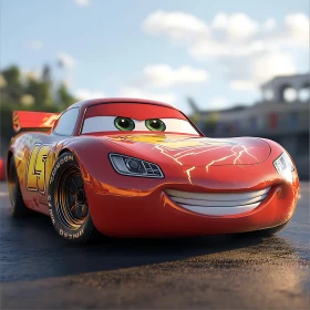 Smiling Red Racing Car on Racetrack