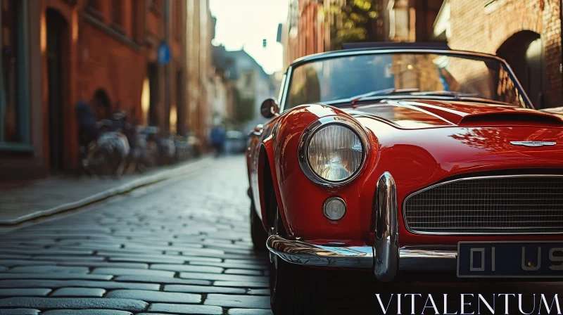 Vintage Car on Urban Cobblestone Street AI Image