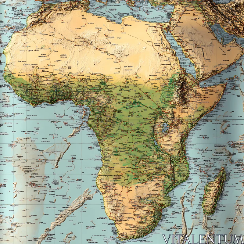 Africa's Diverse Terrain on a Topographic Map AI Image