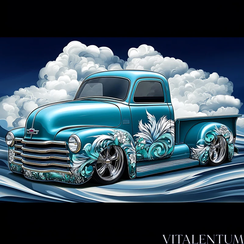 Artistic Custom Truck with Floral Design and Clouds AI Image