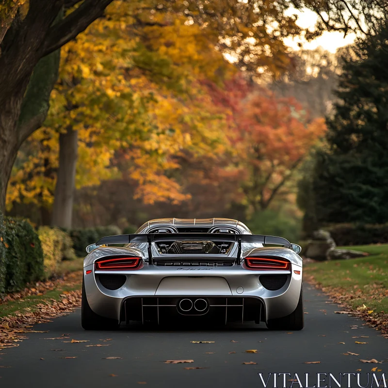 Silver Sports Car Amidst Autumn Foliage AI Image