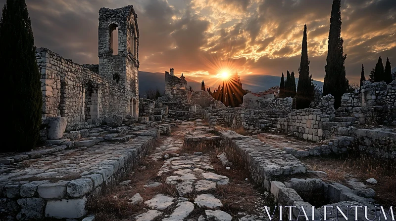 Sunset Glow on Historical Ruins AI Image