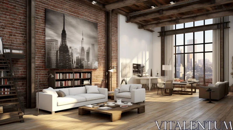 Captivating Open Living Room with Brick Walls - New York Cityscape AI Image