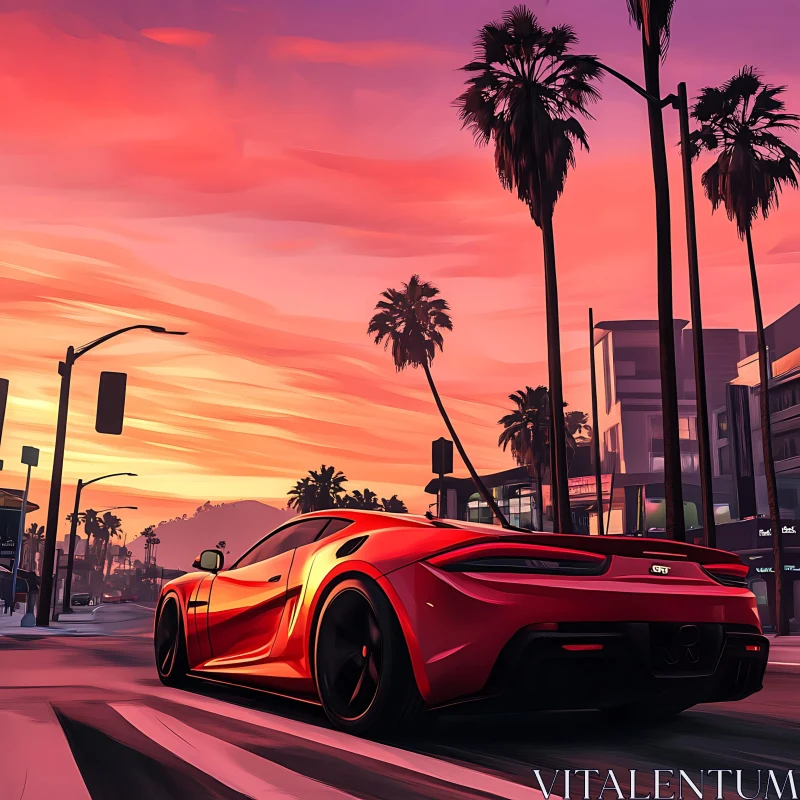 Luxury Red Sports Car During Sunset AI Image