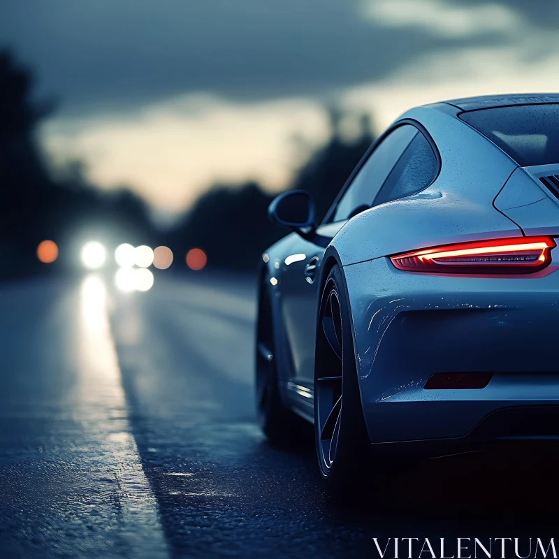 Modern Sports Car on Rainy Night Road AI Image