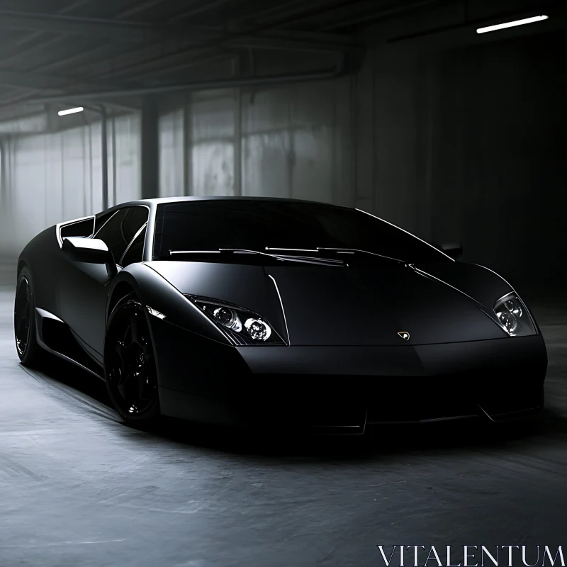 Luxurious Black Supercar in Dim Garage AI Image