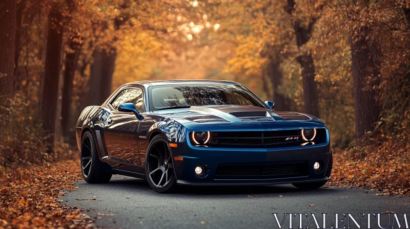 Muscle Car Parked on Leaf-Covered Road AI Image