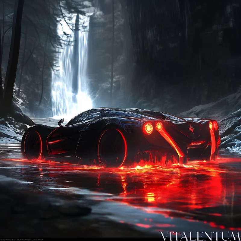 Night Scene of Car in Misty Forest with Waterfall AI Image