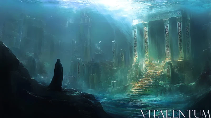 Enigmatic Submerged Temple in the Ocean AI Image