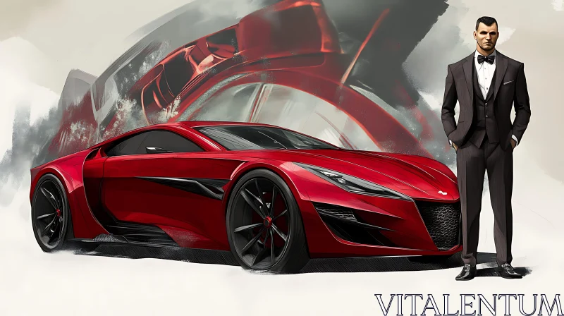 Luxury Red Sports Car with Man in Tuxedo AI Image