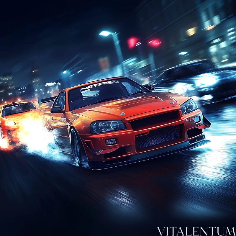 Adrenaline-Fueled Night Street Racing Scene AI Image