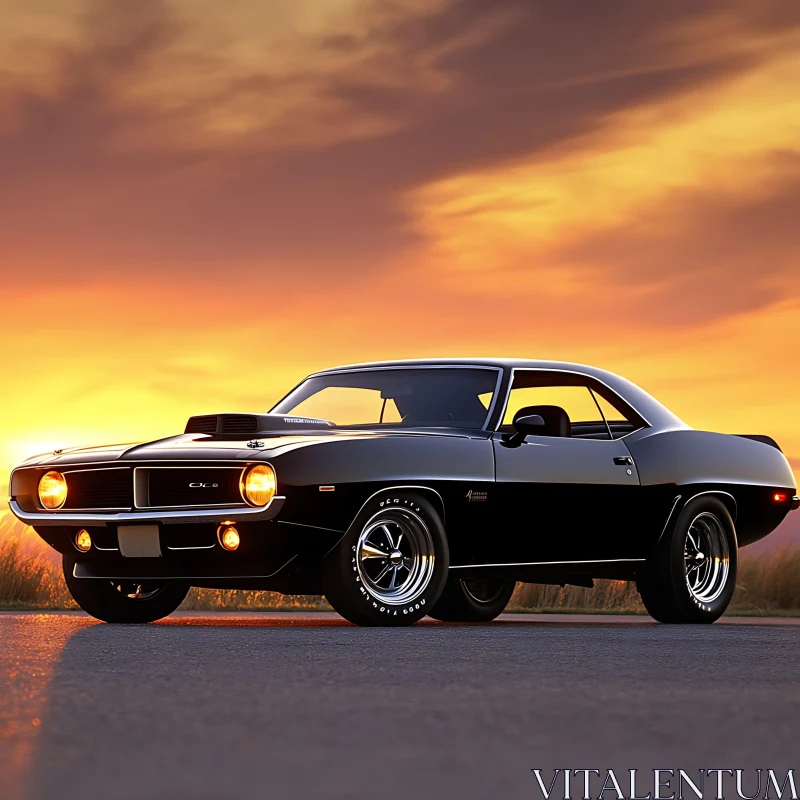 Vintage Black Muscle Car in Glowing Sunset AI Image