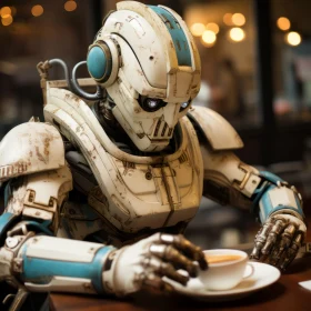 Steelpunk Robot Enjoying Coffee - Vintage Cinematic Look