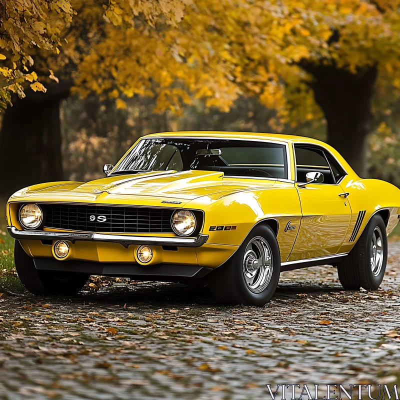 Vintage Yellow Car in Fall Setting AI Image