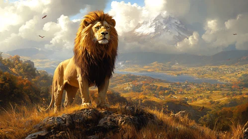 Lion Overlooking Scenic Mountain View