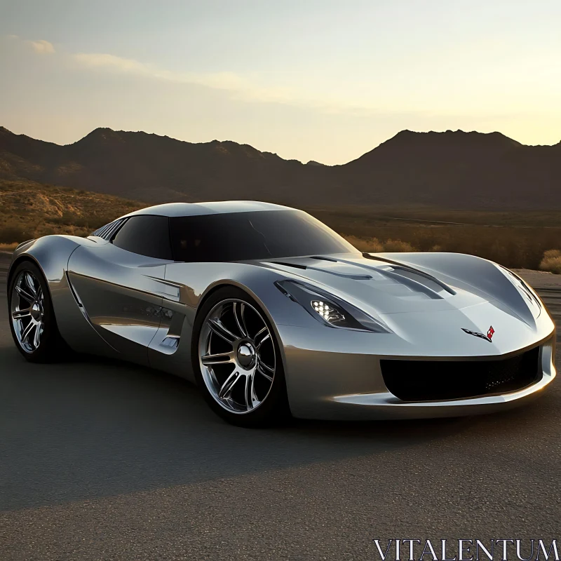 Futuristic Silver Sports Car with Mountain and Sunset Backdrop AI Image