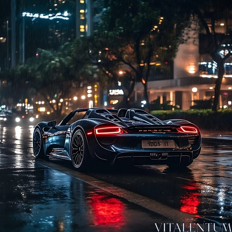 Sleek Black Car Parked on Wet Urban Road at Night AI Image