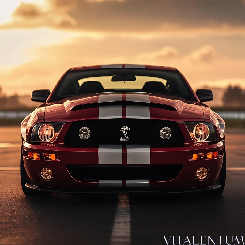 Sunset View of Red Racing Car with White Stripes AI Image