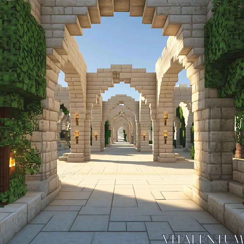 Symmetrical Stone Arches Pathway in Minecraft AI Image