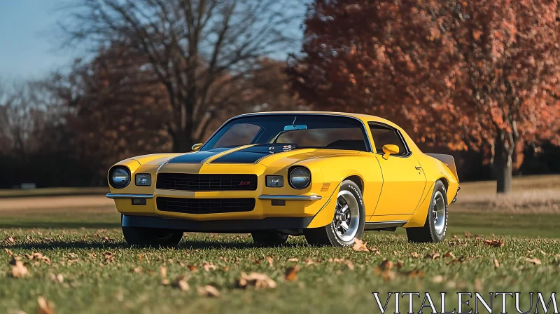 Vintage Yellow Car with Racing Stripes AI Image