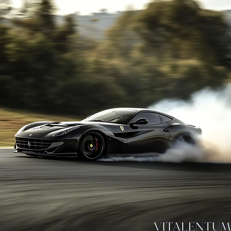 Sleek Black Sports Car in Action on Drifting Track AI Image