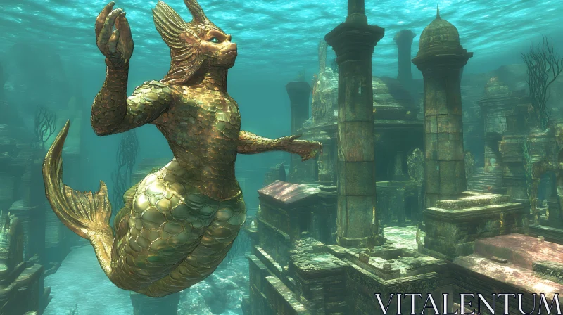 Fantasy Sea Creature Near Submerged Ruins AI Image