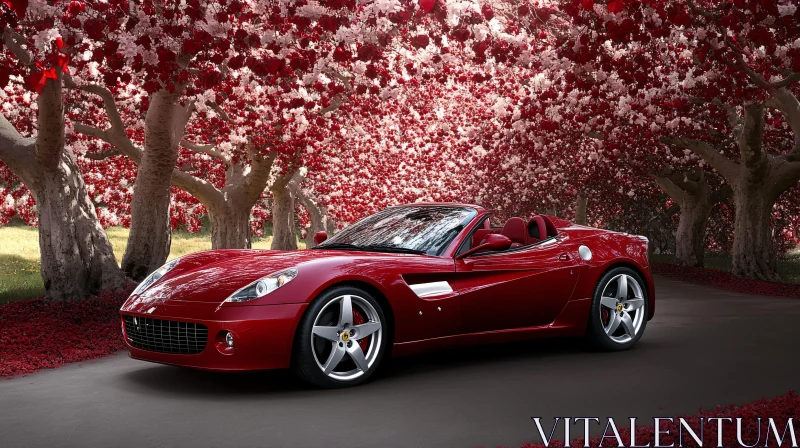 Elegant Red Convertible in Blooming Cherry Blossom Backdrop AI Image