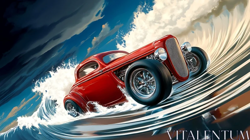 Red Car Surfing Ocean Waves Illustration AI Image