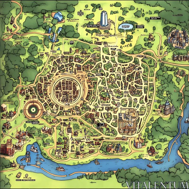 Fantasy Map of a City with Forest and River AI Image