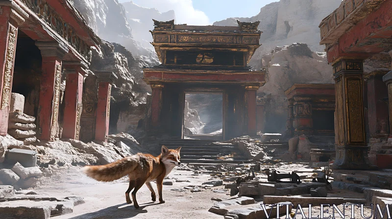 Fox in Deserted Temple Ruins AI Image