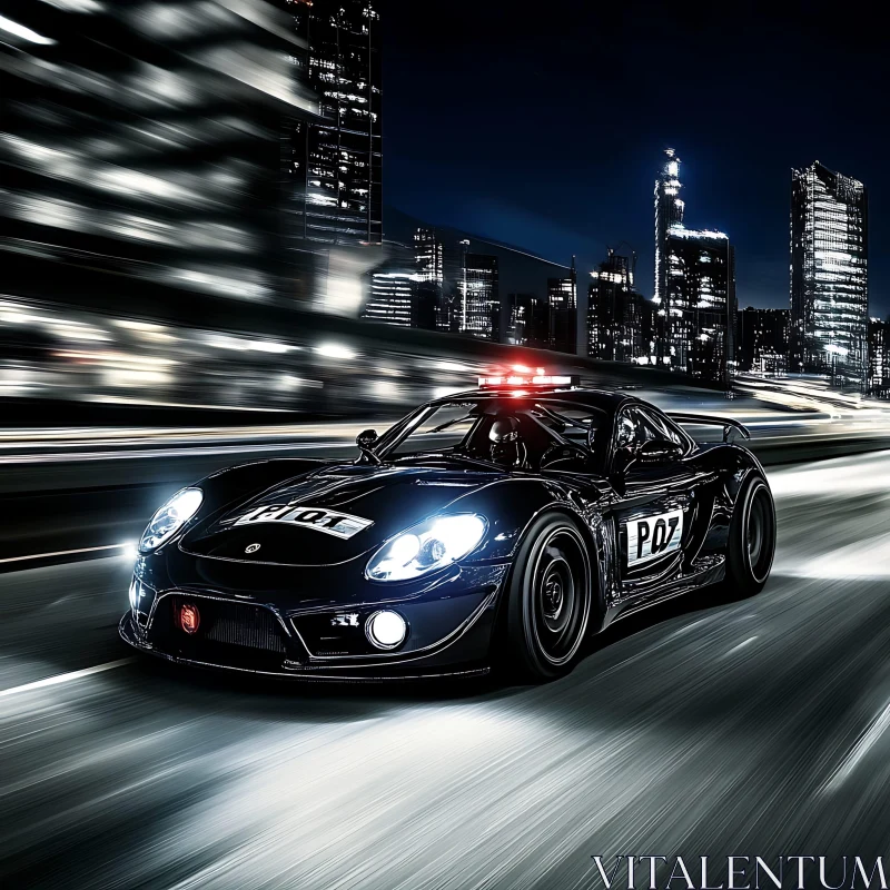 Nighttime Chase: High-Speed Police Sports Car in a Modern City AI Image