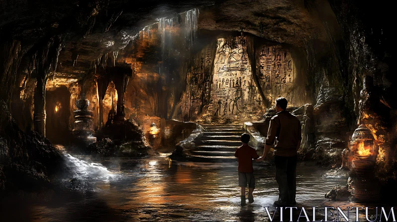 Exploring a Mysterious Cave with Hieroglyphs AI Image