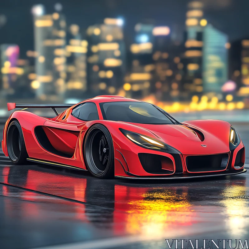 Red Supercar Against City Lights AI Image