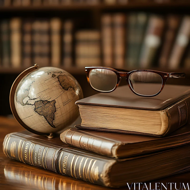 Classic Library Setup with Books and Globe AI Image