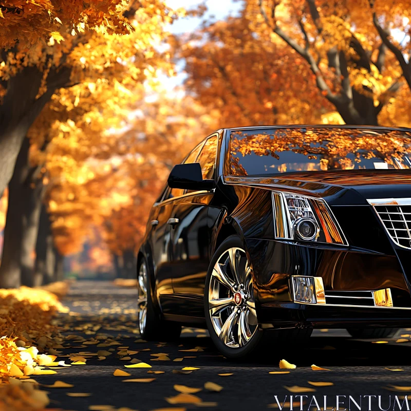 Luxurious Black Car and Fall Foliage AI Image