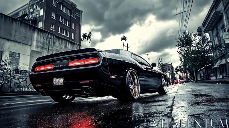 Black Muscle Car on Wet City Street AI Image