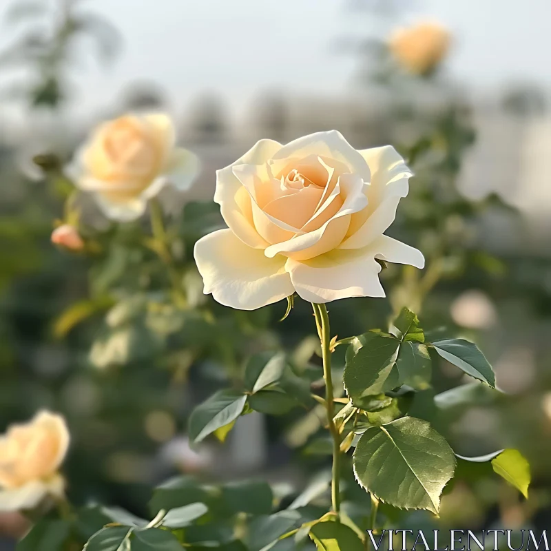 AI ART Exquisite Cream Rose with Lush Green Foliage