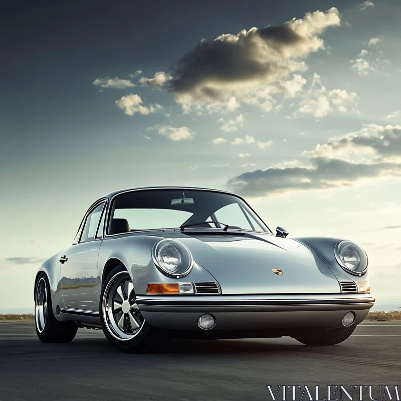 Vintage Silver Car on Open Road AI Image