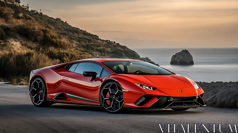 Luxury Red Supercar at Ocean Sunset AI Image