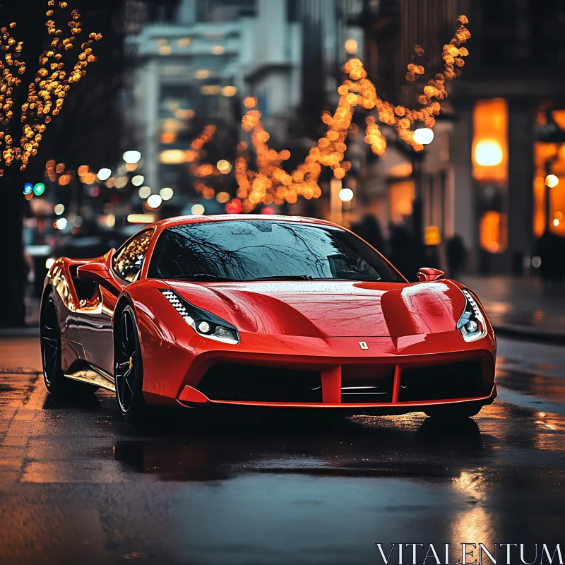 Luxurious Red Sports Car on a Festive City Street AI Image