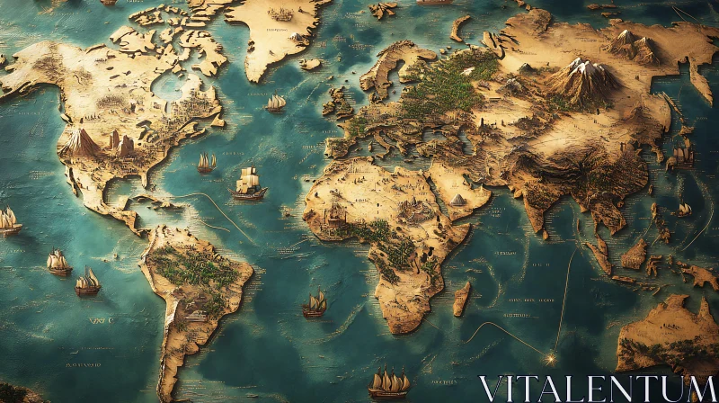 Ancient World Map with Topography and Oceanic Elements AI Image