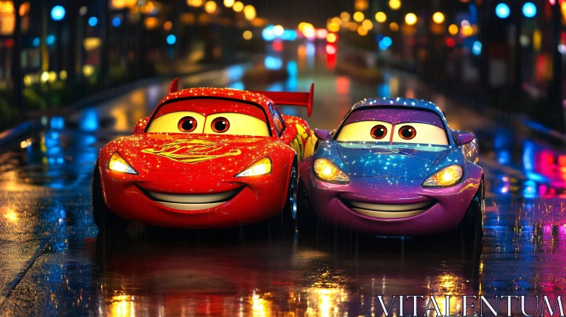 Smiling Animated Cars in a Neon-Lit Rainy City AI Image