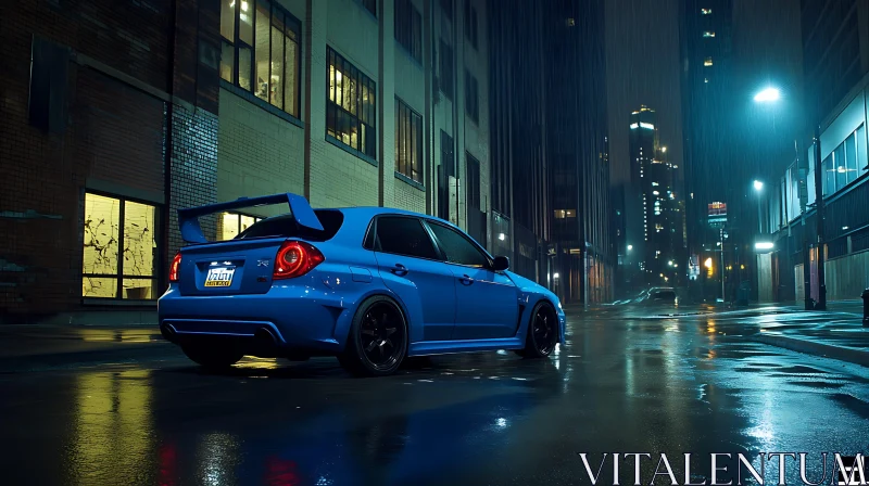 Blue Car on Rainy Night City Street AI Image